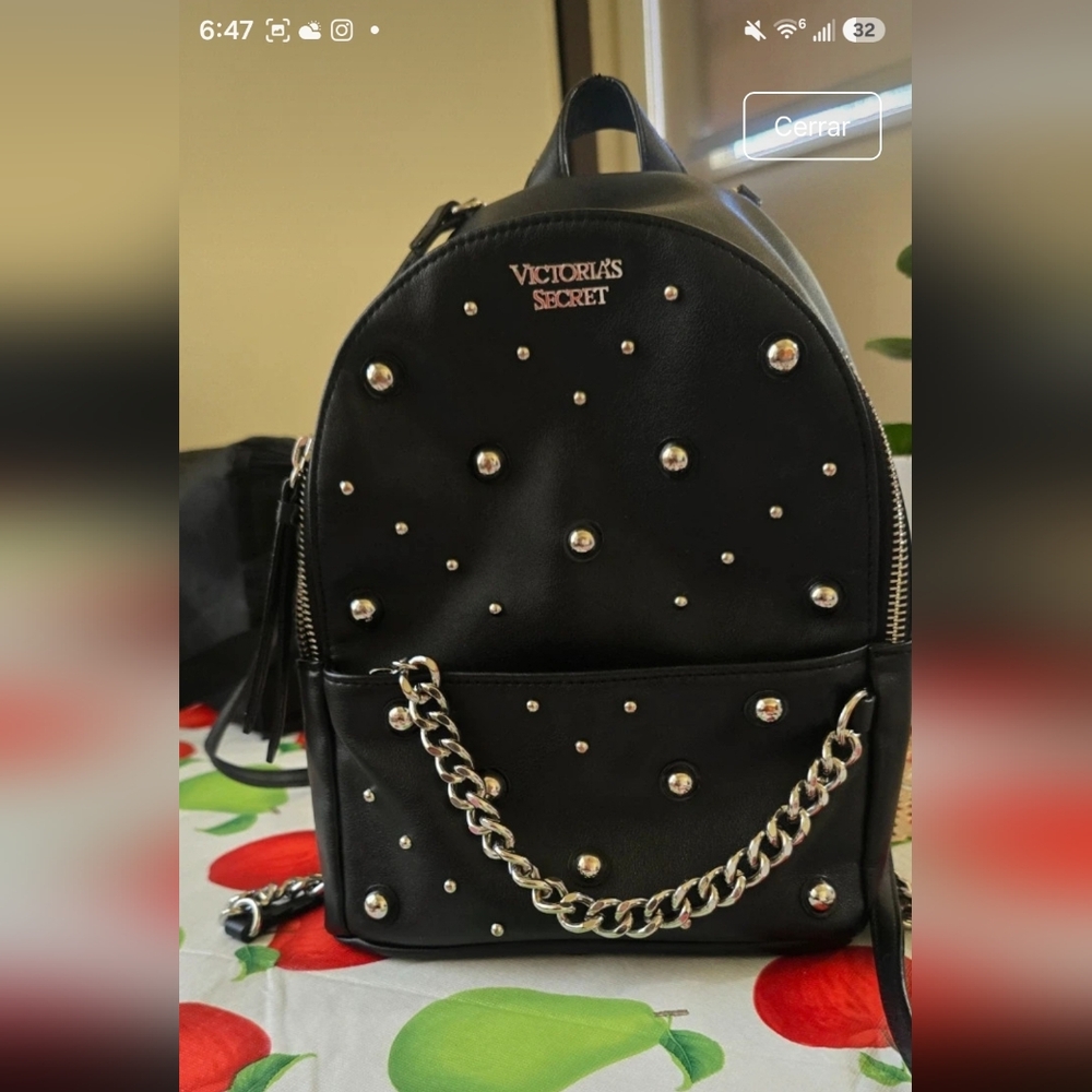 Victoria's Secret Black Mini Backpack with Silver Studs & Chain - Picture 1 of 3